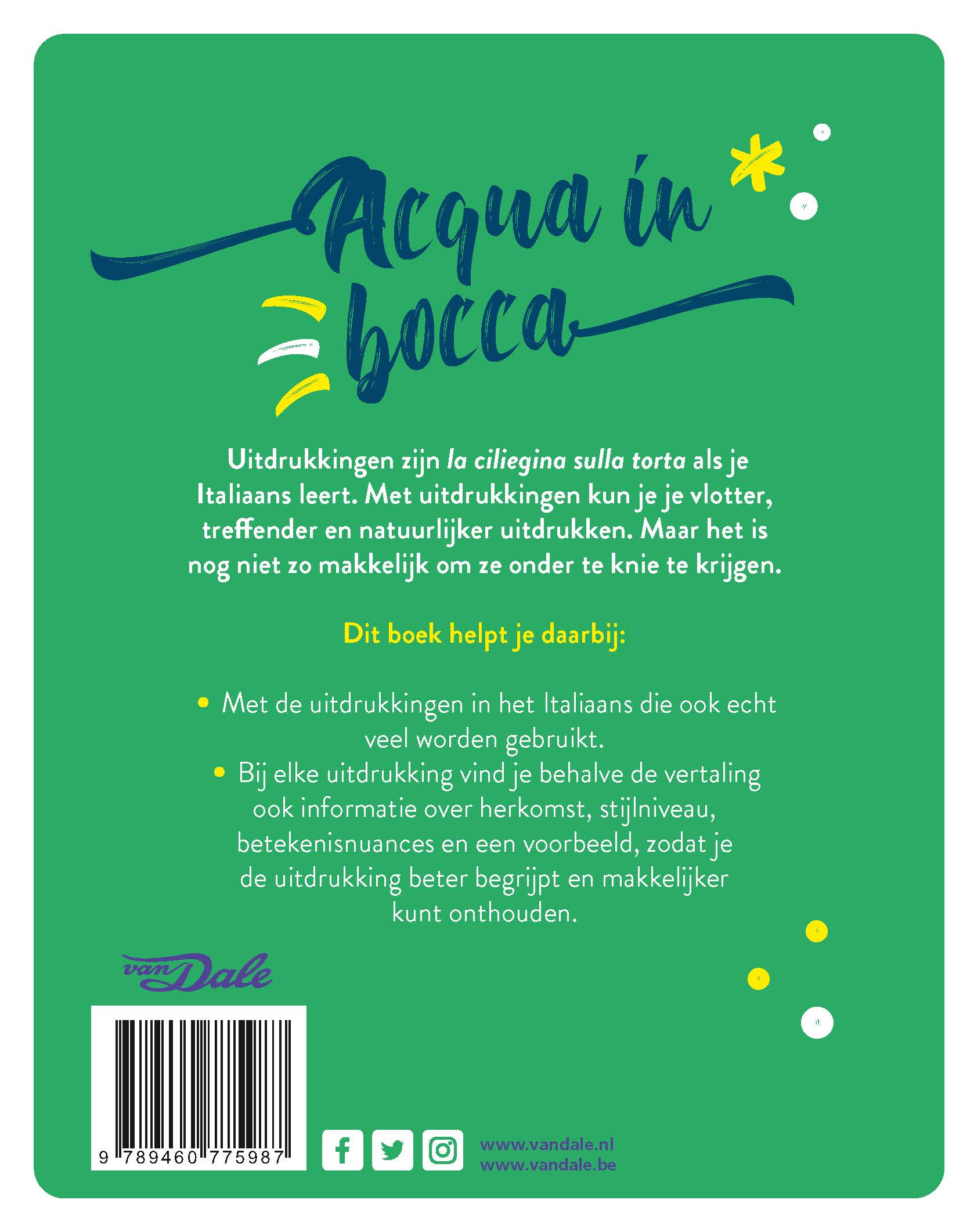 Achterzijde van het boek 'Van Dale Uitdrukkingenboek Italiaans - Acqua in bocca'