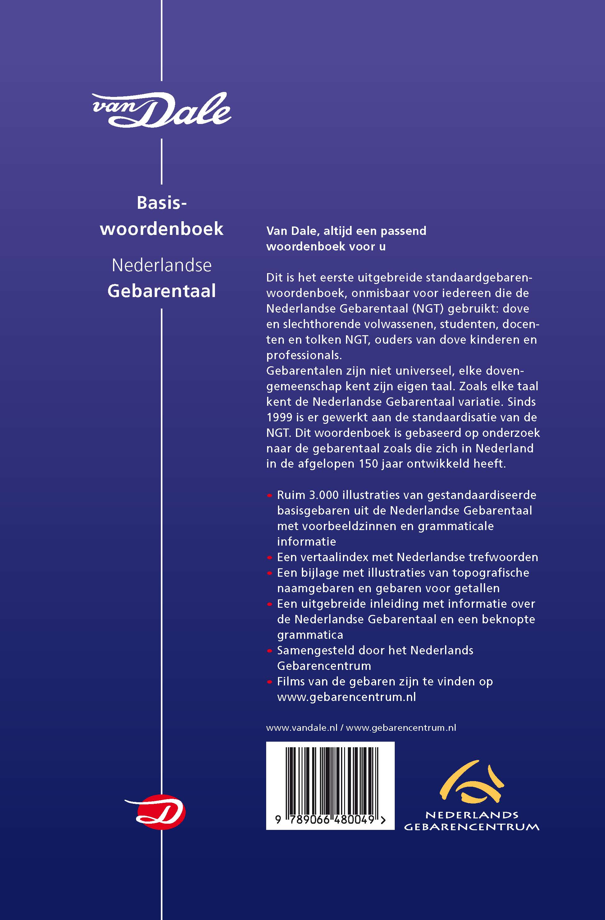 Achterzijde van het boek 'Van Dale Basiswoordenboek Nederlandse gebarentaal'