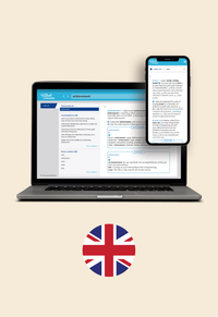 Op de afbeelding staan een laptop en een mobiel met daarop een schermafbeelding van Collins COBUILD Advanced Learner's Dictionary Online. Daaronder staat een cirkel met daarin de vlag van Engeland