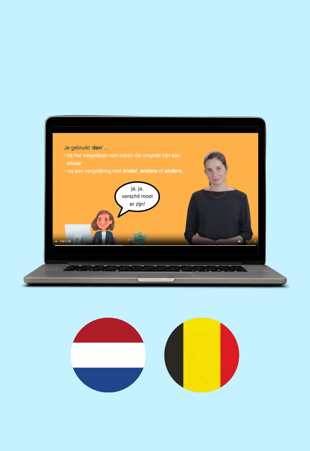 Op de afbeelding staat een laptop met een schermafbeelding van een video uit  de Van Dale E-learning Correct Nederlands. Daaronder staan twee cirkels met daarin de vlaggen van Nederland en België.