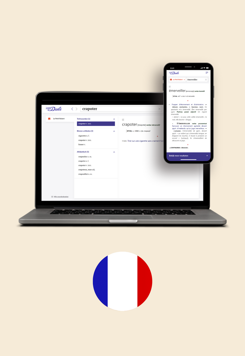 Op de afbeelding staan en laptop en een mobiel met daarop een schermafbeelding van Le Petit Robert. Daaronder staat een cirkel met daarin  de vlag van Frankrijk