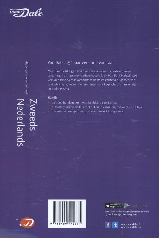 Achterzijde van het boek 'Van Dale Middelgroot woordenboek Zweeds-Nederlands'