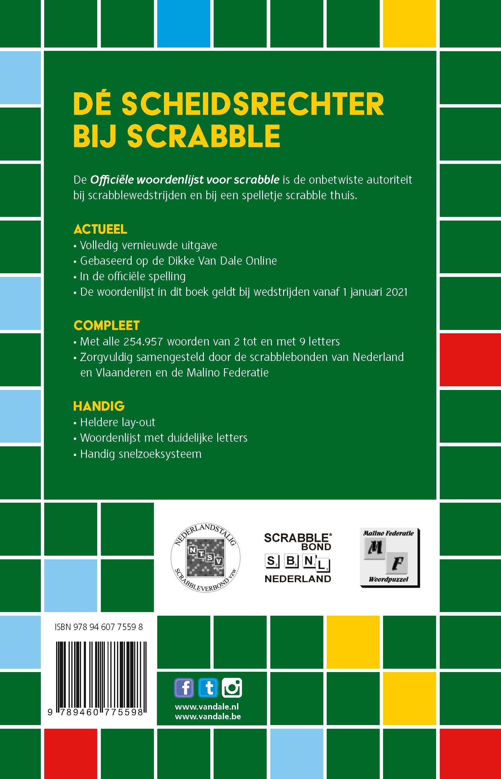 Achterzijde van het boek 'Officiële woordenlijst voor Scrabble'