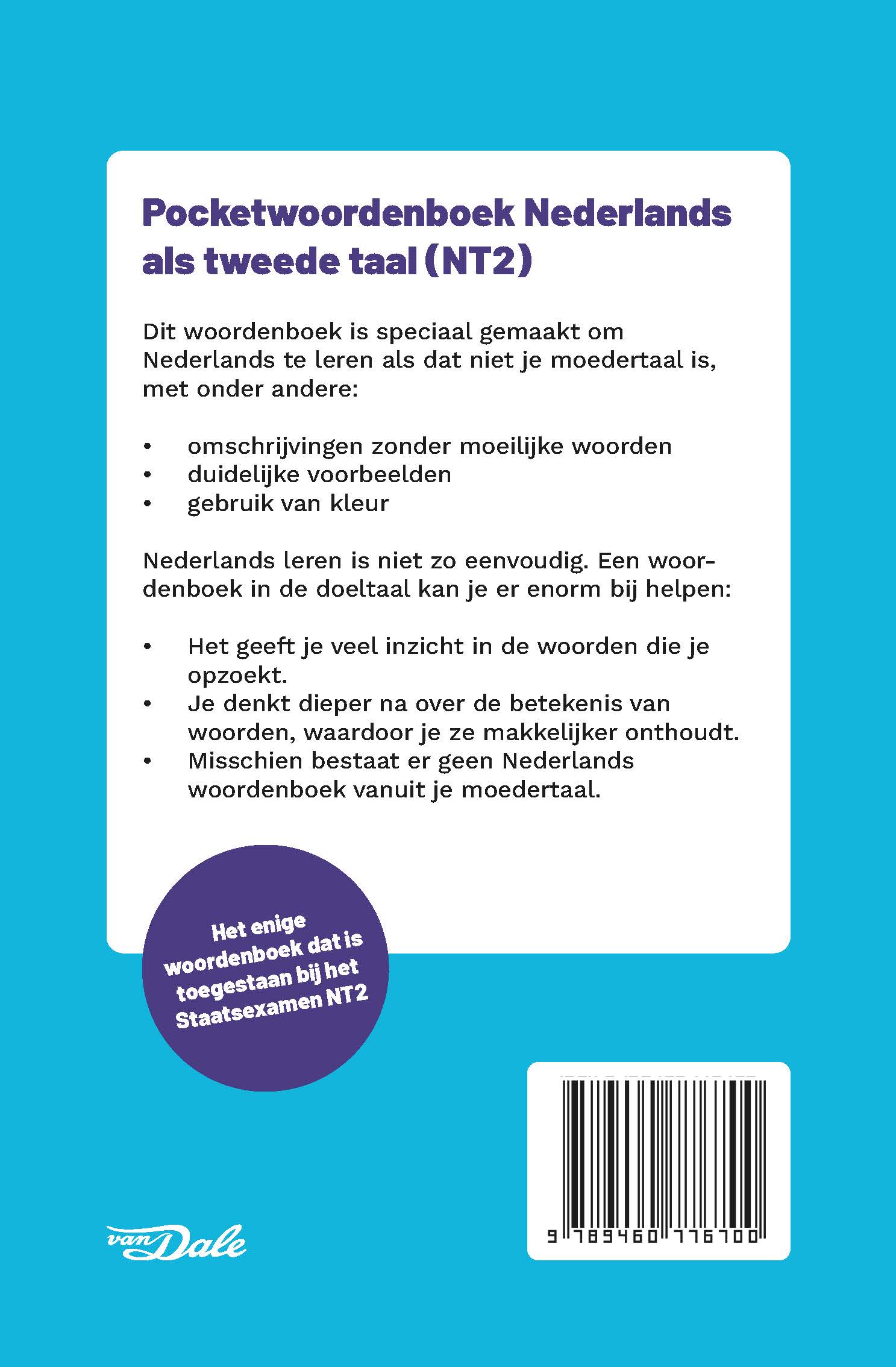 Achterzijde van het boek 'Van Dale Pocketwoordenboek NT2'